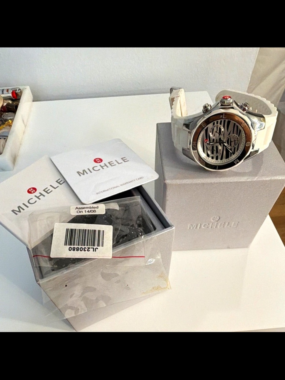 Michele White Silicone-Strap Watch with Silver Dial and Accent Red Crown